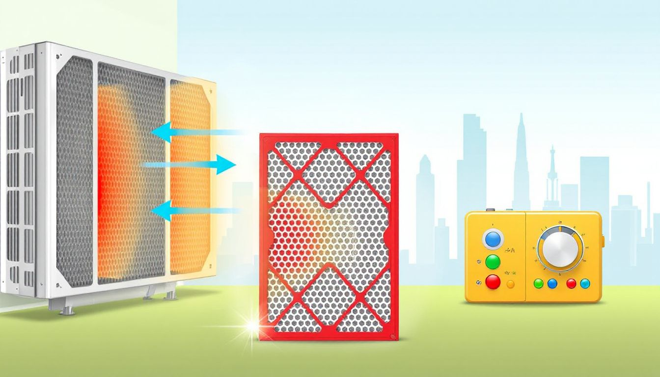 An HVAC system with a visible air filter in focus.