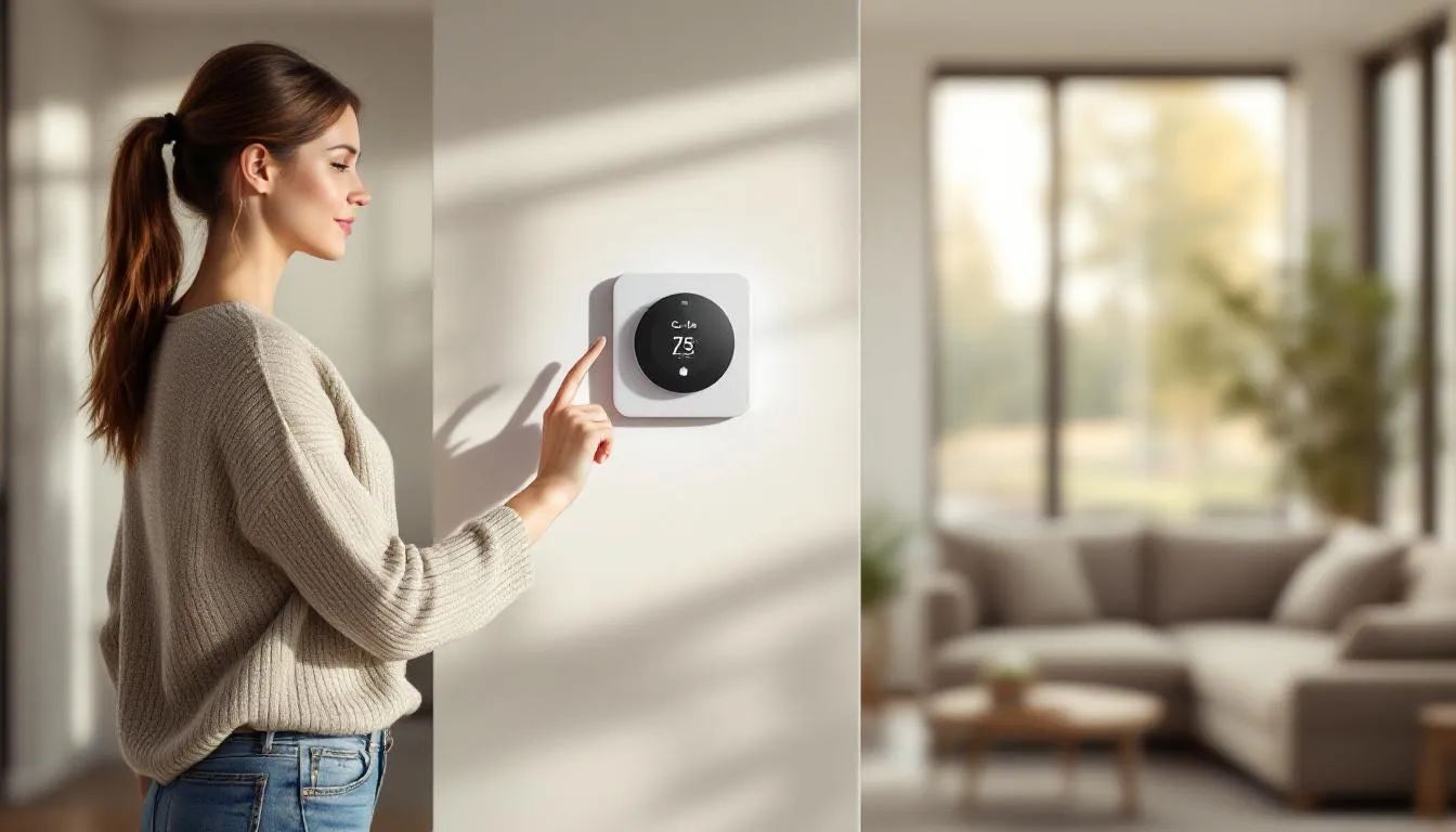 When to Switch from AC to Heat in Arizona: Essential Tips 3 A person is adjusting a smart thermostat to switch from air conditioning to heating, preparing for the cooler weather of the fall season. This action helps improve indoor air quality and boosts energy efficiency in their HVAC system as they transition to the winter months.